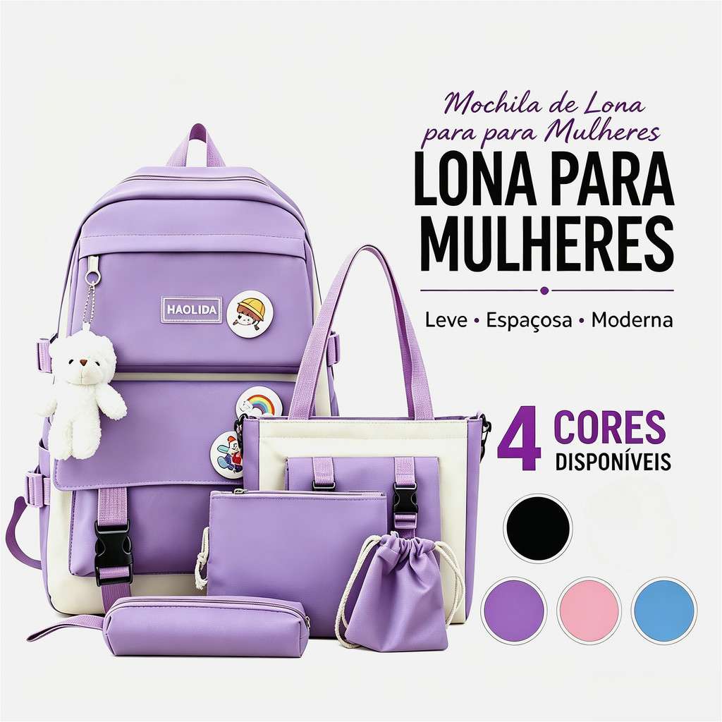 Mochila Escolar Feminina 5 Peças Estilo Coreano |Mochila Casual Leve para Viagens e Laptop