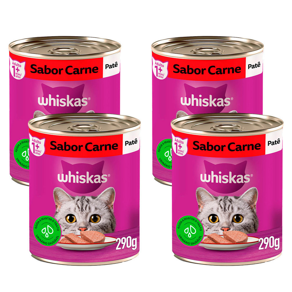 Ração Whiskas Gatos Adultos Lata Pate Carne 290g 4 Unid