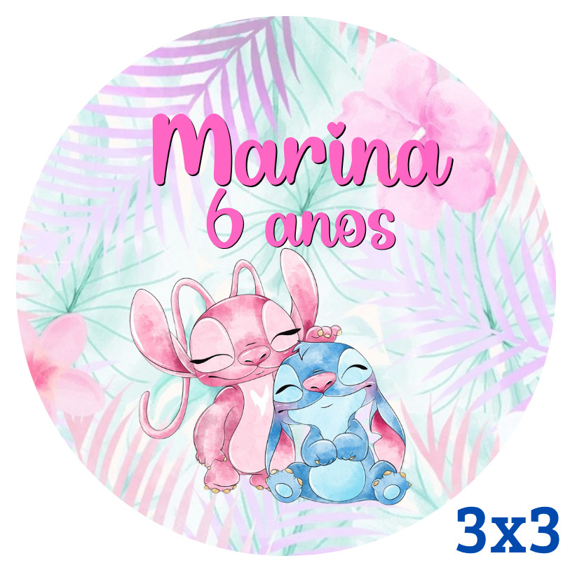 Adesivo Personalizado Stitch e Angel Aquarela 3x3 | Lembrancinha | Festa Infantil | Aniversário