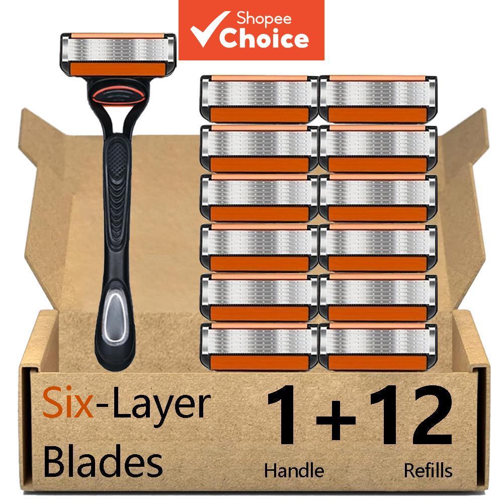 Barbeador manual masculino com 1 cabo + 12 lâminas, recargas de lâmina de 6 camadas, compatível com Gillette Fusion 5,