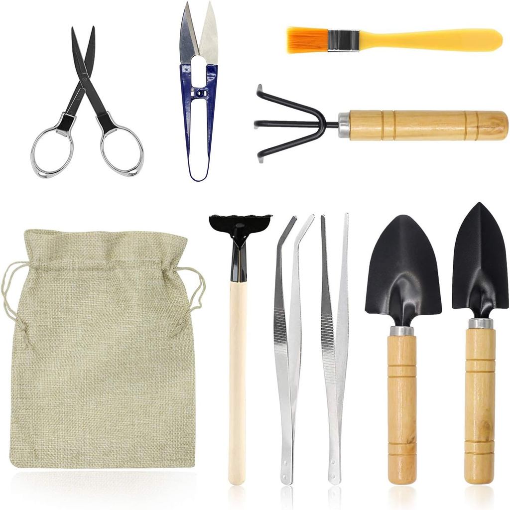 Conjunto de Bonsai 10 Peças - Kit de Ferramentas de Jardinagem Mini para Bonsai Interno e Externo Inclui Podador, Tesour