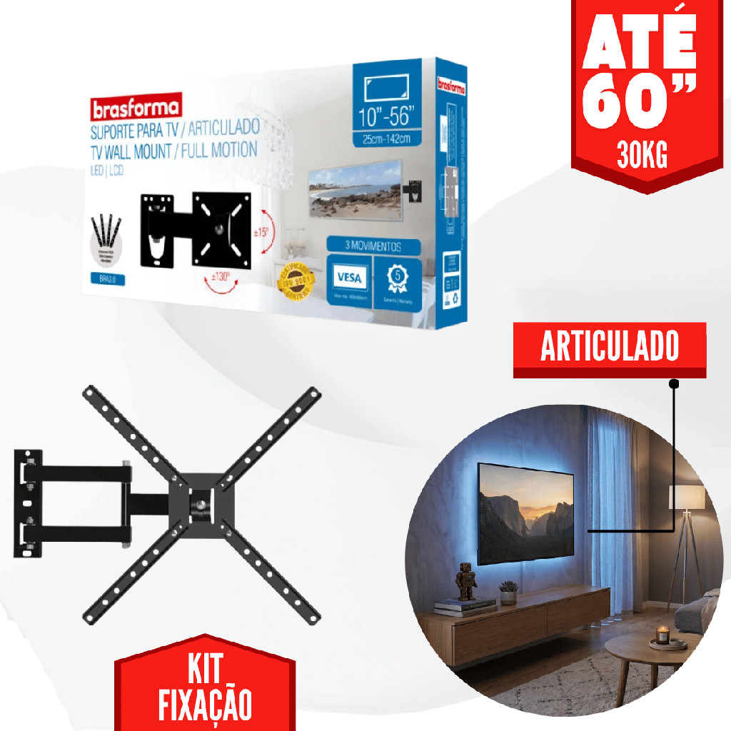 Kit 3 Suporte TV Articulado 3 Movimentos 10-60 Polegadas Parede Painel Reforçado + Kit Fixação