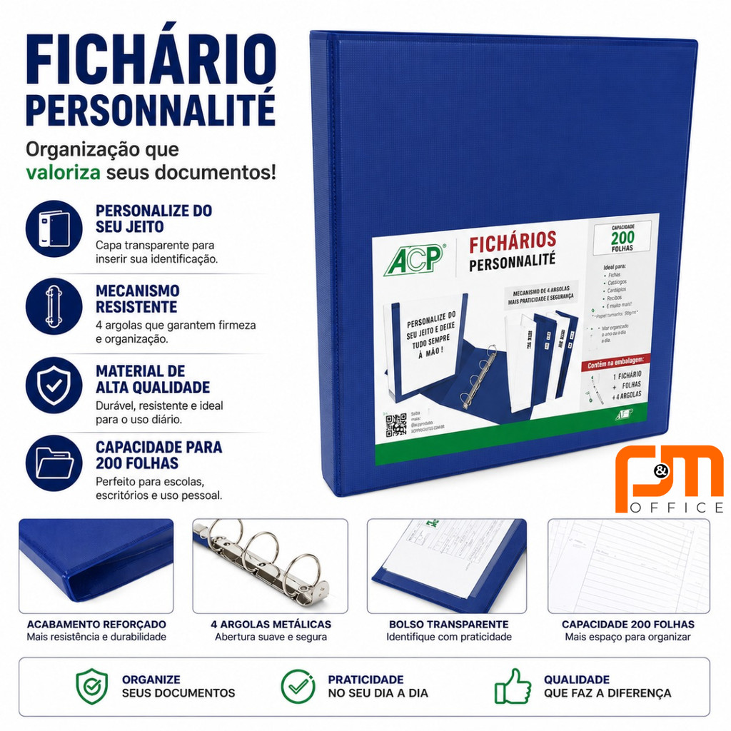 Detalhes do Pasta Fichário A4 Personalizável com 4 Argolas - ACP (Azul, Branco ou Preto)