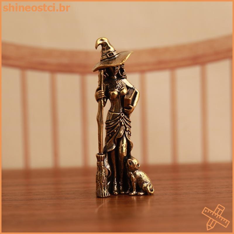 SHINE 1 Pçs Retro Bonito Personagens De Feiticeiro Estatuetas Vassoura De Bronze Bruxa Mágica Pequena Estátua Decoração