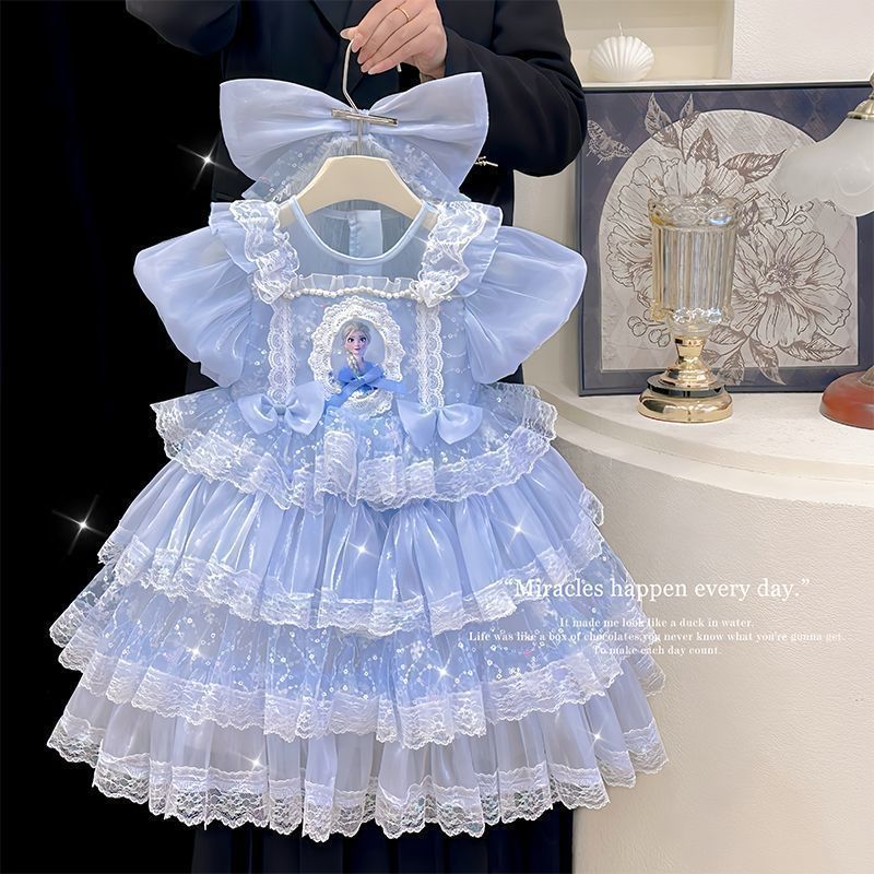 Elsa Dos Desenhos Animados Crianças Meninas Princesa Manga Curta Concurso Lolita Vestido + Véu Grátis Renda Tule Vestido
