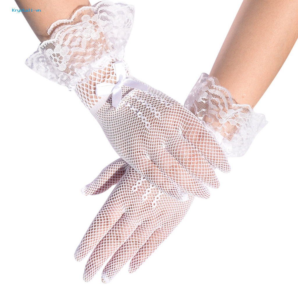 Wedding Gloves for Bride Elegant Lace with Bow for Tea Party Women's Sheer Mesh Tulle Wrist Length Opera Bridal Fishnet
