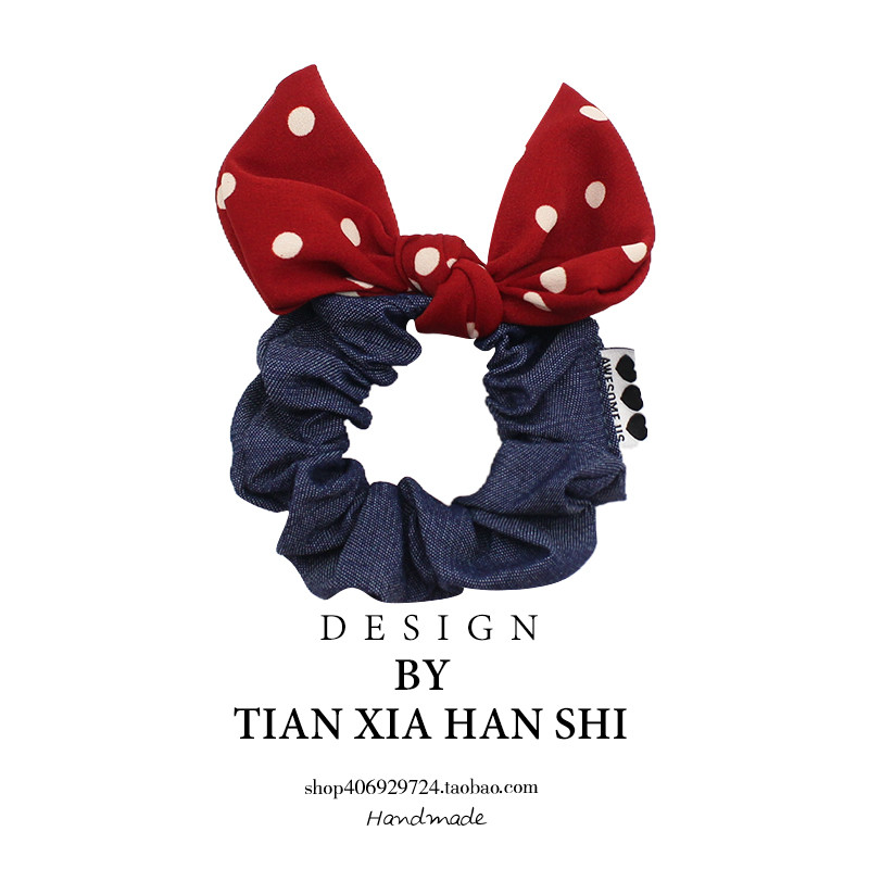 Retro vermelho bolinhas Denim Scrunchy anel crianças All-Match luz luxo rabo de cavalo anel menina doce elegante anel de