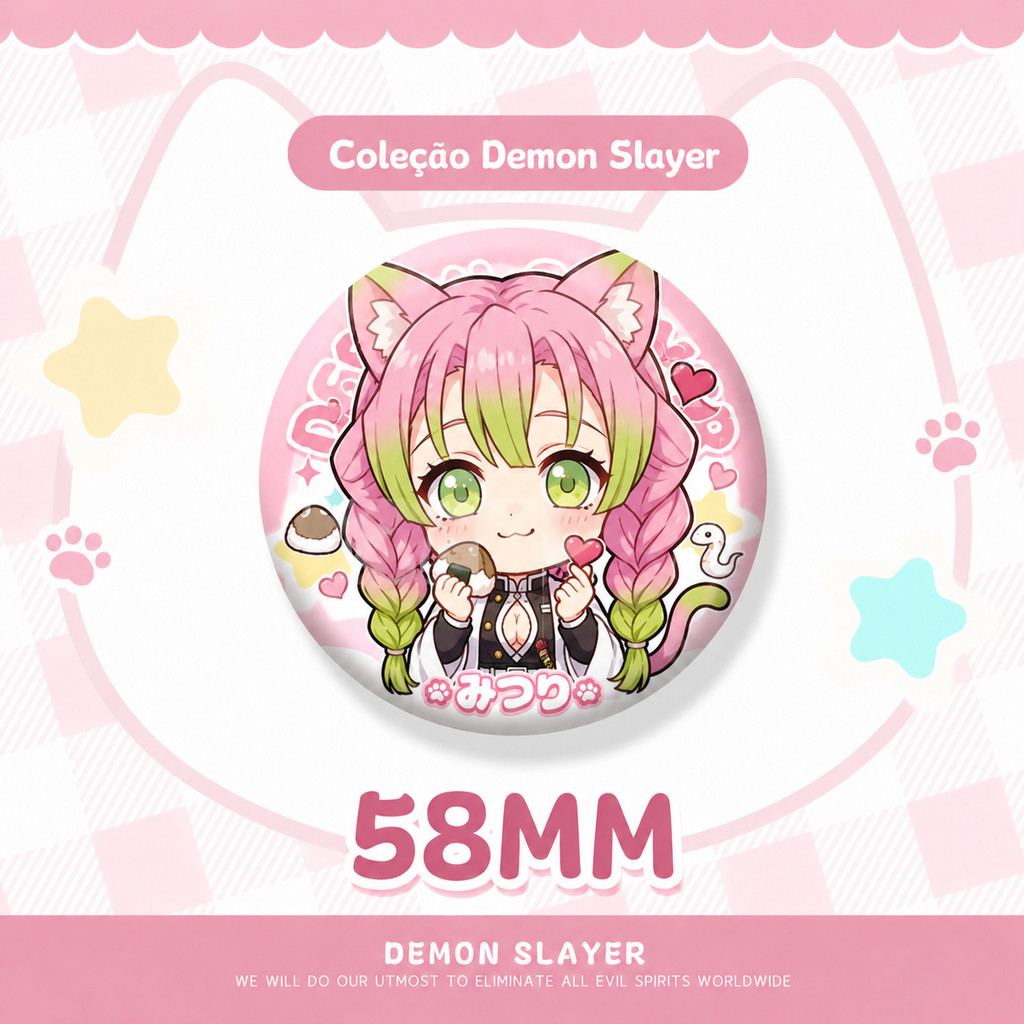 Botton Demon Slayer 58mm Anime gato Kawaii Chibi Broche Pin para Mochila Ita Bag Coleção Cosplay Presente