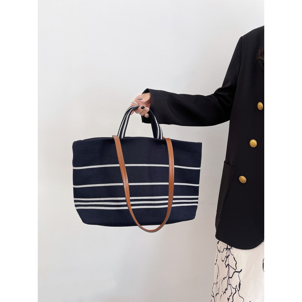 Bolsa Tote jeans 2026 novo estilo All-Match grande capacidade contraste cor listrado bolsa Casual portátil bolsa de lona
