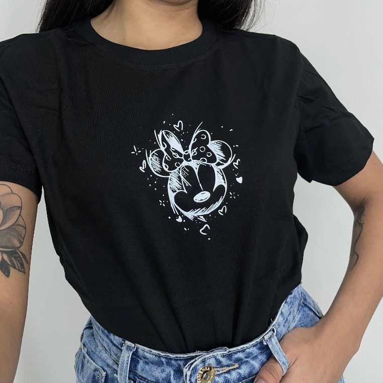 Camiseta Blusa Feminina Estilosa Delicada T-Shirt  Estampa Minnie Fofa Confortável 100% Algodão