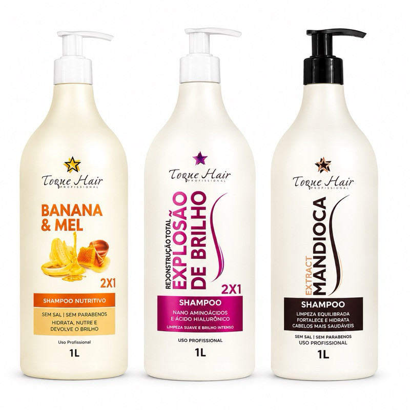 Kit Shampoo Cronograma capilar 3un de 1L -  Mandioca Banana e Mel e Explosão de Brilho