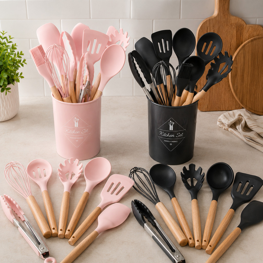 Kit Utensílios de Cozinha Silicone com Cabo de Madeira 12 Peças Porta Utensílios Antiaderente