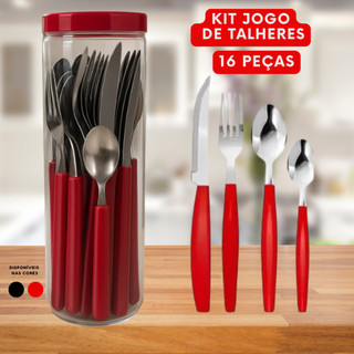 Kit Jogo De Talheres 16 Peças Vermelho Ou Preto Aço Inox Faca Garfo E Colher De Mesa e Colher Sobremesa