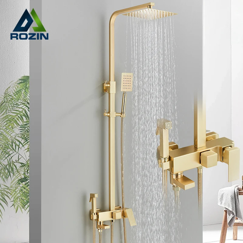 Rozin Conjunto De Chuveiro Dourado Escovado , Montado Na Parede , Latão , 4 Vias , Torneiras De Banheiro Com Bidê , Torn