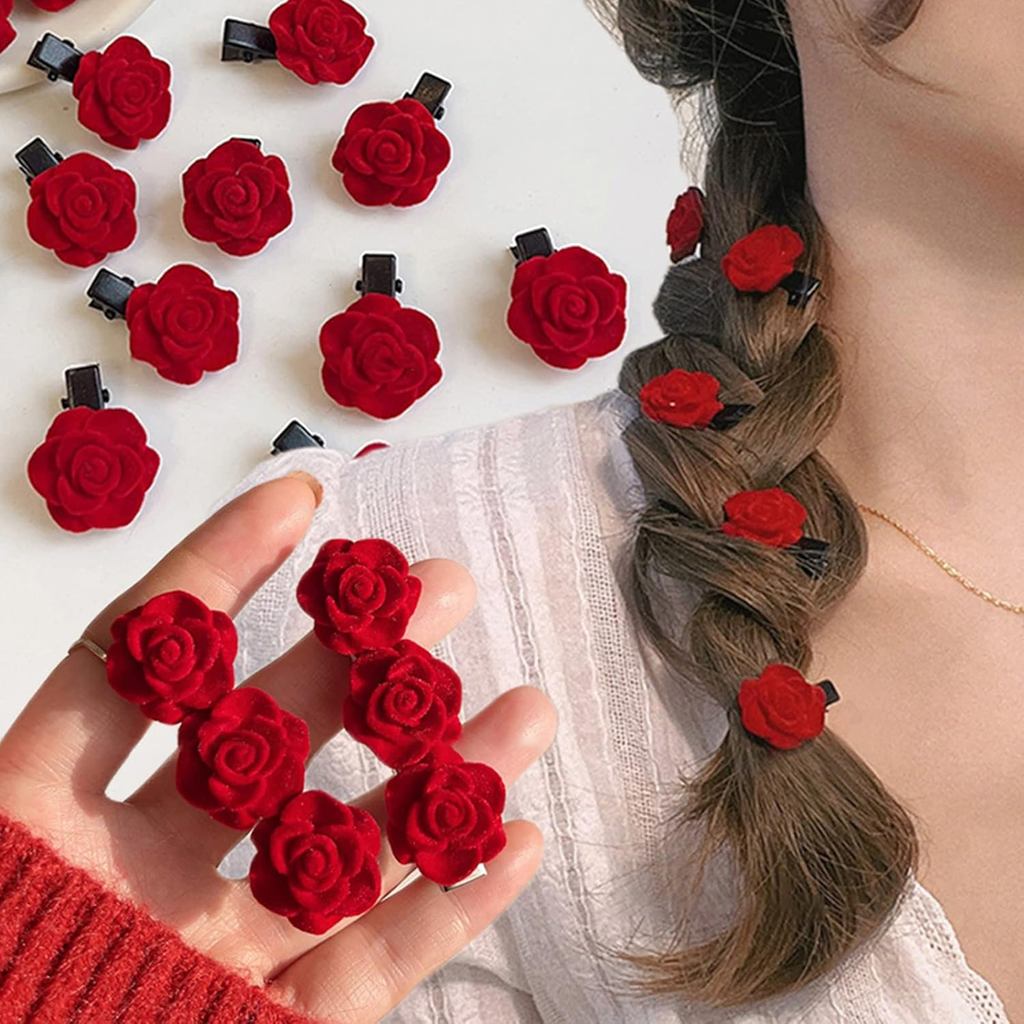 Presilha de Cabelo Mini Rosa Vermelha para Mulheres, Presilhas de Cabelo em Forma de Flor, Acessório de Cabelo Vintage p