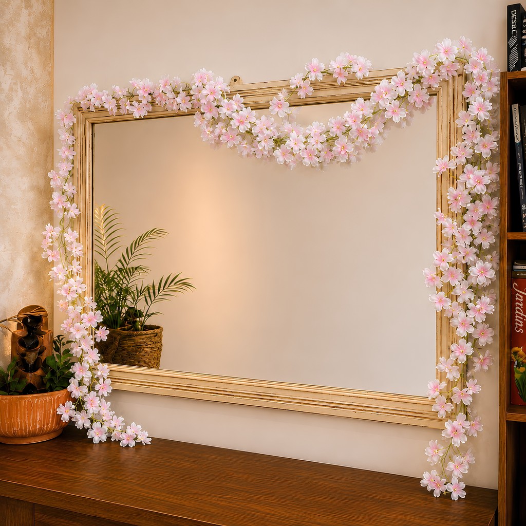 Corrente De Cerejeira Artificial 1,8m 135 Folhas Branco e Rosa Decoração Elegante Casa Primo