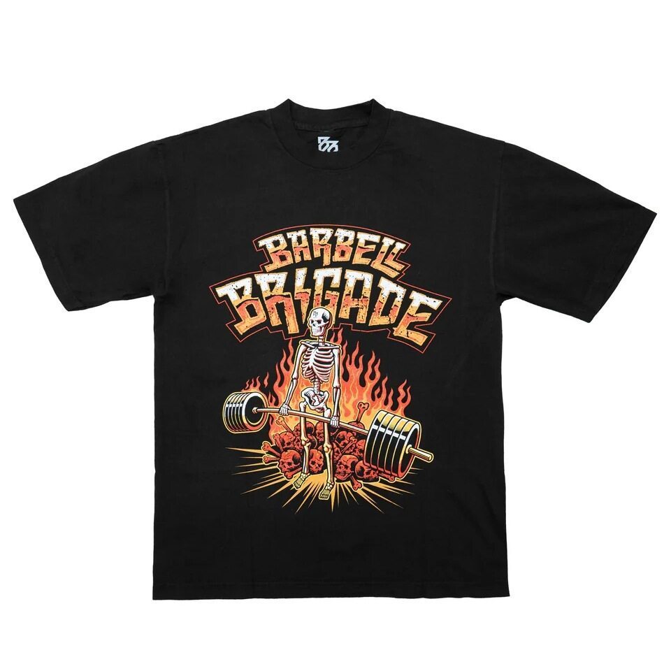 Gótico Streetwear Barbell Brigada Crack Fonte Crânio Pilha Chama Gráfico Puro Algodão Manga Curta T Camisa Das Mulheres