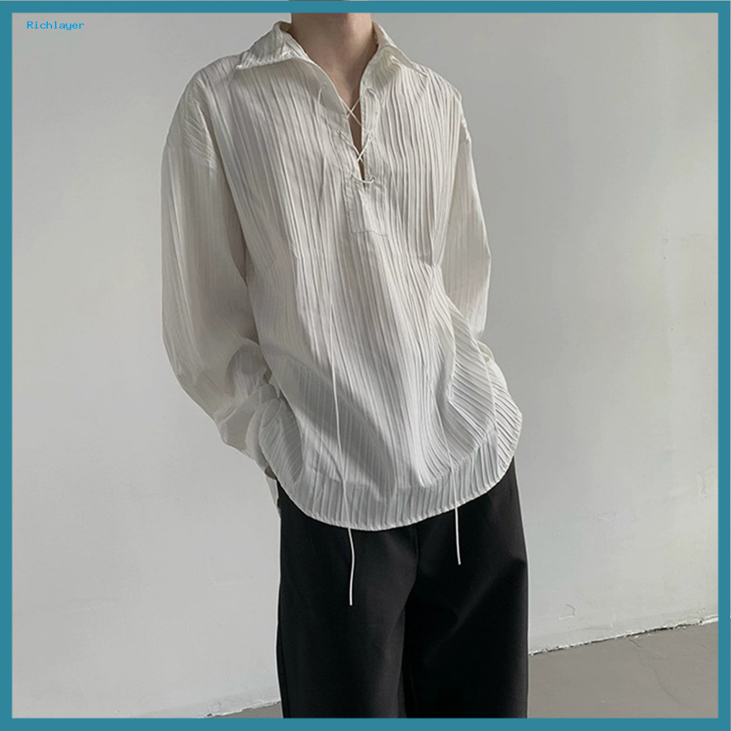 Men Vertical Stripe Shirt White Dress for Men's Long Sleeve Casual with Lace-up Collar Texture Lapel Pullover Workwear f