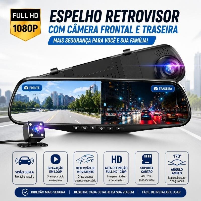 Espelho Retrovisor 3291 com Câmera Frontal e Ré, Tela 4.19”, Full HD, Visão Noturna e Gravação