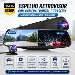 Espelho Retrovisor 3291 com Câmera Frontal e Ré, Tela 4.19”, Full HD, Visão Noturna e Gravação