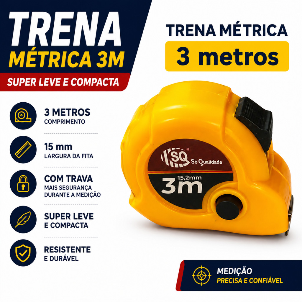Trena Métrica Profissional 3 Metros Resistente Com Trava Uso Doméstico