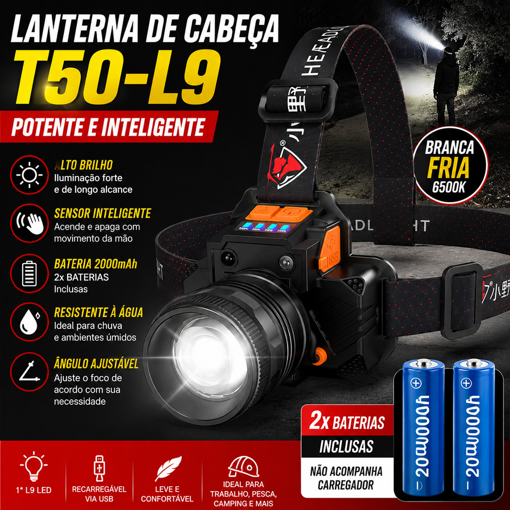 Lanterna de Cabeça LED Profissional - Farol Potente e Recarregável à Prova d'Água