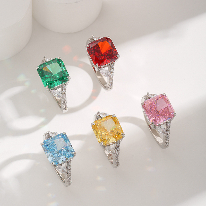 Anel feminino com corte de flor de gelo quadrado Padma vermelho rosa mar azul diamante amarelo diamante
