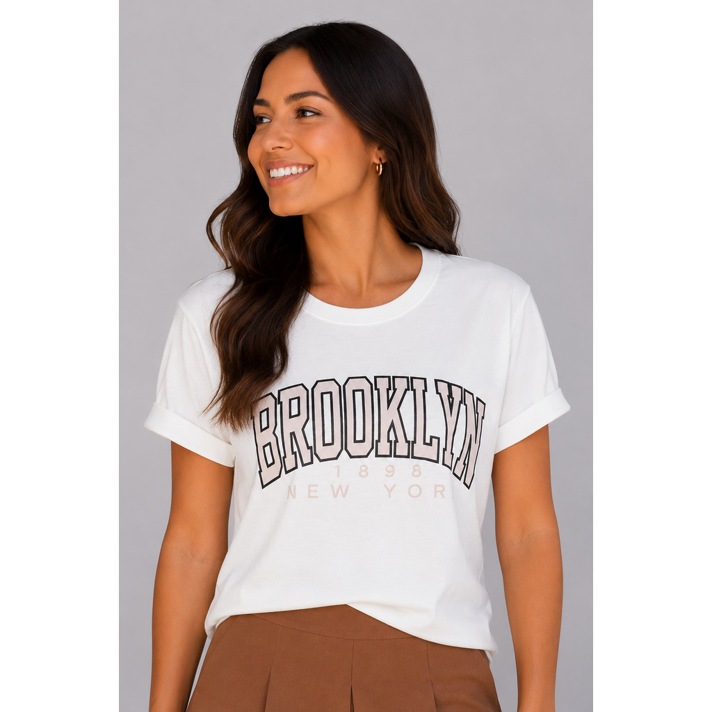Camiseta Blusa T-Shirt Feminina BROOKLYN 1898 New York 100% Algodão Malha 30.1 Penteada Leve de Qualidade Confortável