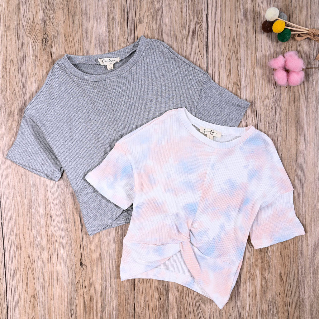 JS comércio exterior europeu americano verão meninas rosqueado algodão manga curta camiseta topo médio grande crianças c
