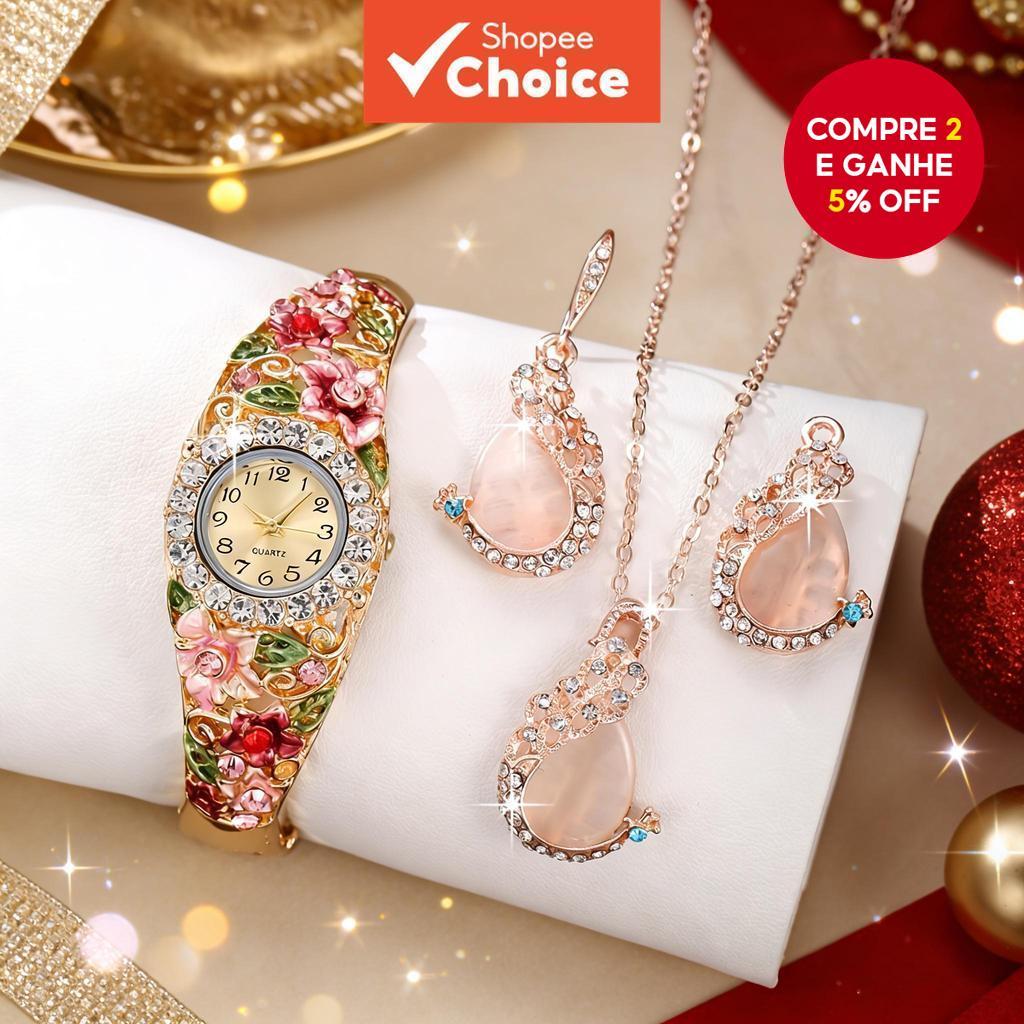 Conjunto De Joias De Relógio Esmaltado Floral Vintage Para Mulheres Com Ouro Rosa Madrepérola Quartzo Elegante Presente