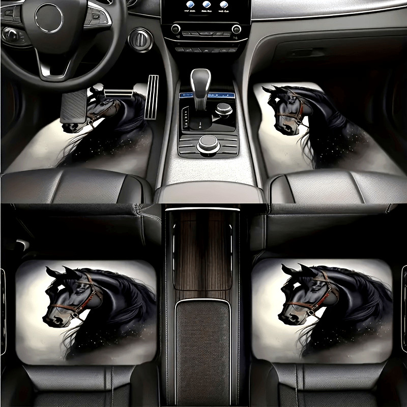 Conjunto de 4 peças de tapete para pés de carro com padrão de cavalo preto, tipo universal, tapete decorativo para carro