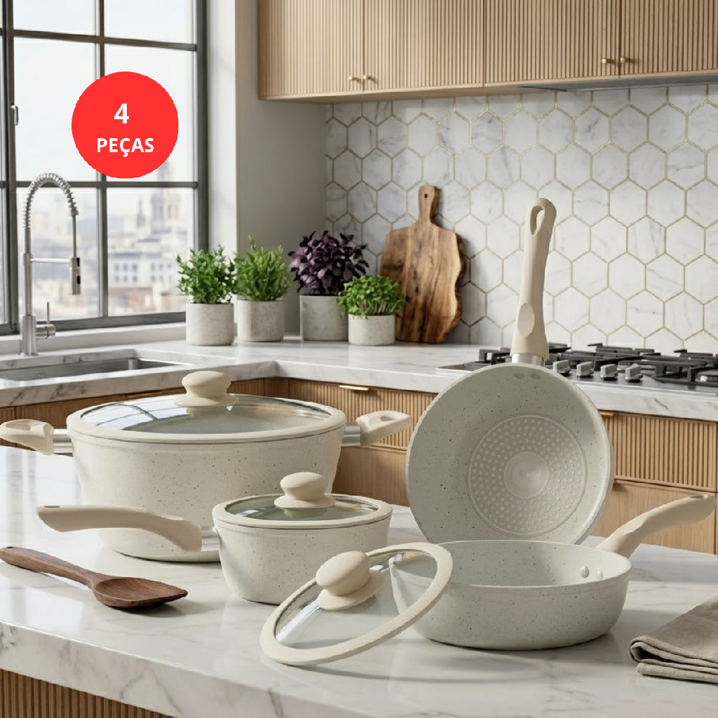 Conjunto de Panelas Rio Home Viena 4 Peças Cerâmica Antiaderente Tampa de Vidro para Indução e Gás Cozinha Profissional