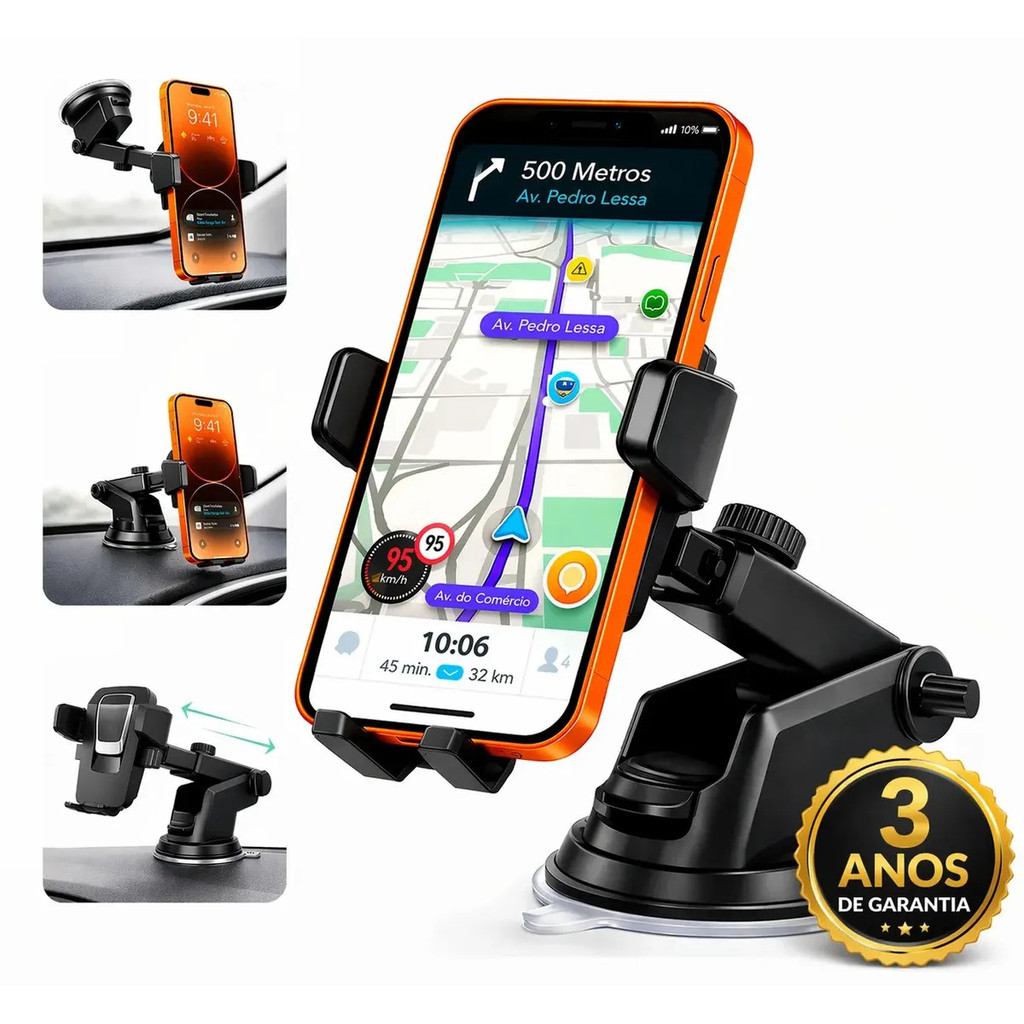 Suporte Celular Veicular Universal Ajustável Ventosa Painel Parabrisa GPS Giratório Trava Automática Anti Queda
