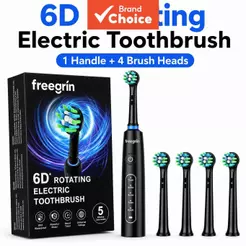 Escova de dentes elétrica Freegrin 6D rotativa, 5 modos de limpeza, temporizador de 2 minutos, 4 cabeças de escova,