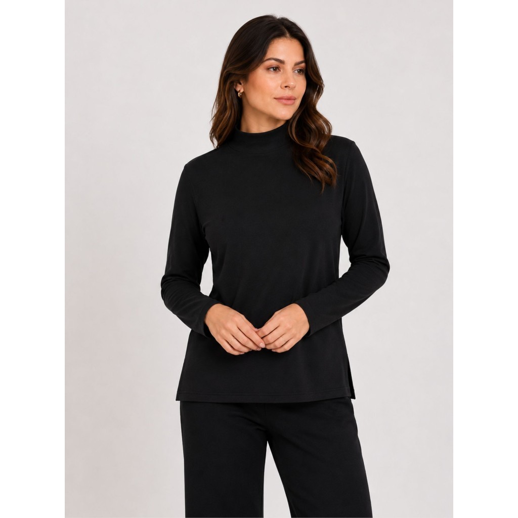 Blusa Feminina Canelada Gola Alta e Manga Longa Helena Preto Blusa de Frio Inverno Estilosa