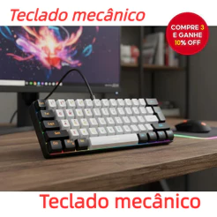 Teclado Mecânico Para Jogos 61 Teclas RGB Backlight Cabo USB-C Removível Compacto E Portátil PC Notebook
