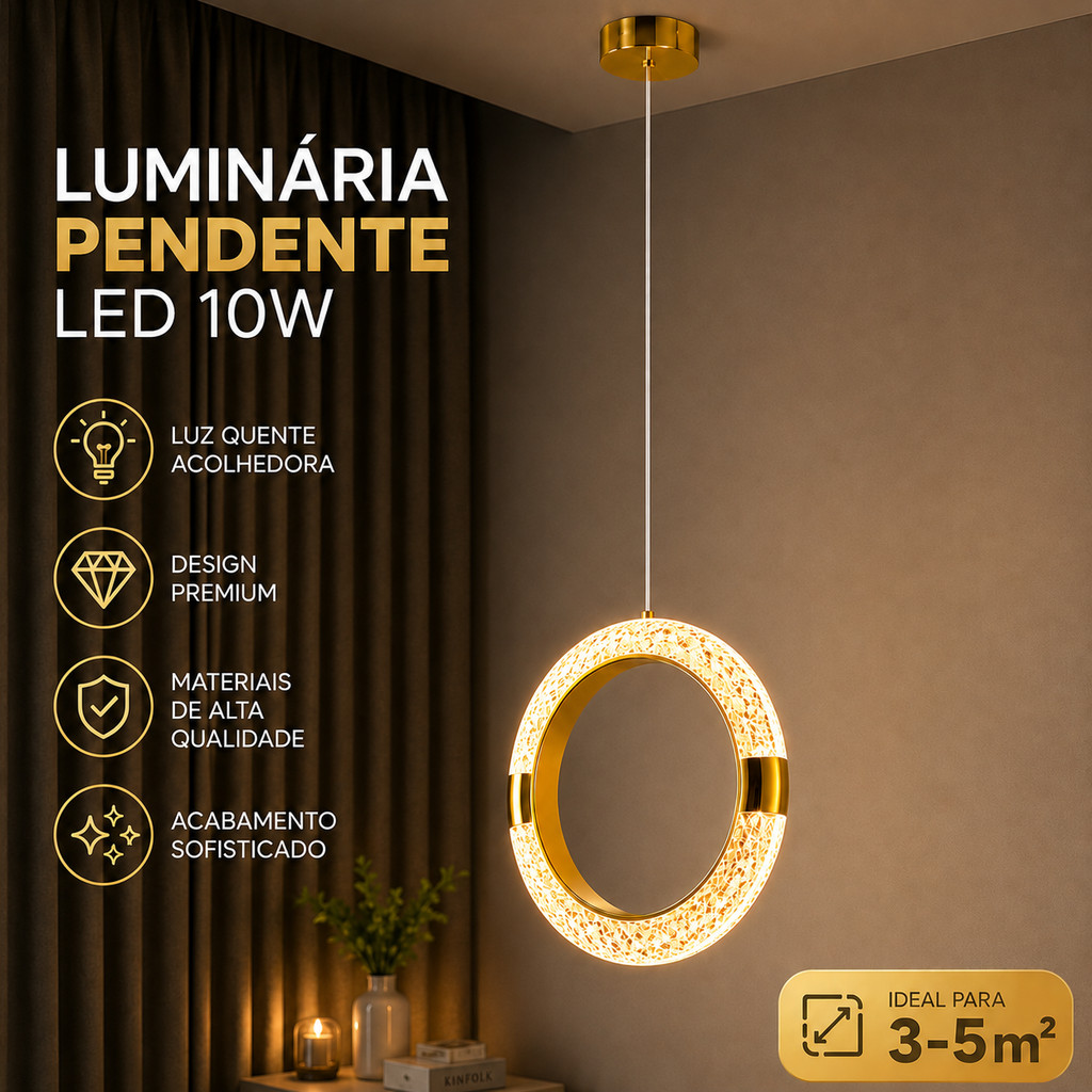 Lustre Pendente Arco Dourado Luminária De Teto Moderna Luxo Cristal Para Sala Quarto Hall Premium Bivolt