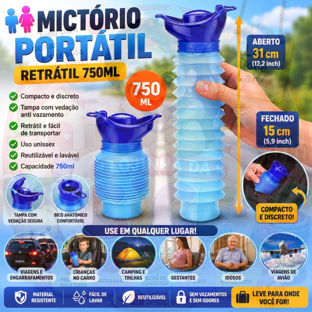 Mictório Portátil Retrátil 750ml Unissex | Urinol Dobrável para Viagem, Carro, Camping e Emergências