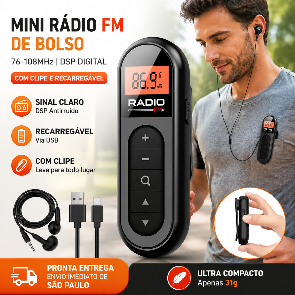 Mini Radio FM De Bolso Portatil 76-108Mhz Com Clipe Recarregavel Chip DSP Acompanha Fone Idosos