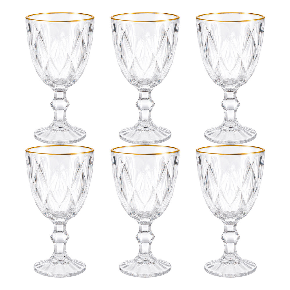 Jogo 6 Taça Diamond com Borda Dourada Vidro Transparente Diamante Água 320ml Haüskraft Premium