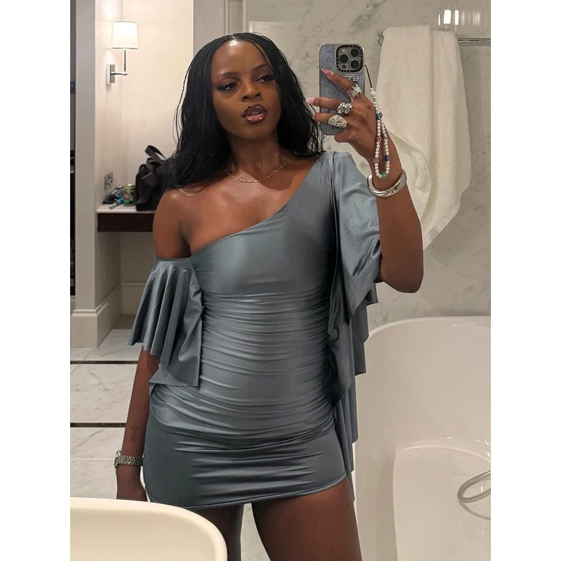 Kliou Sexy Fashion Mini Dress Woman Skew Collar Off Shoulder Flared Sleeve ny Peach Hip Midnight Club Party Elegant Body