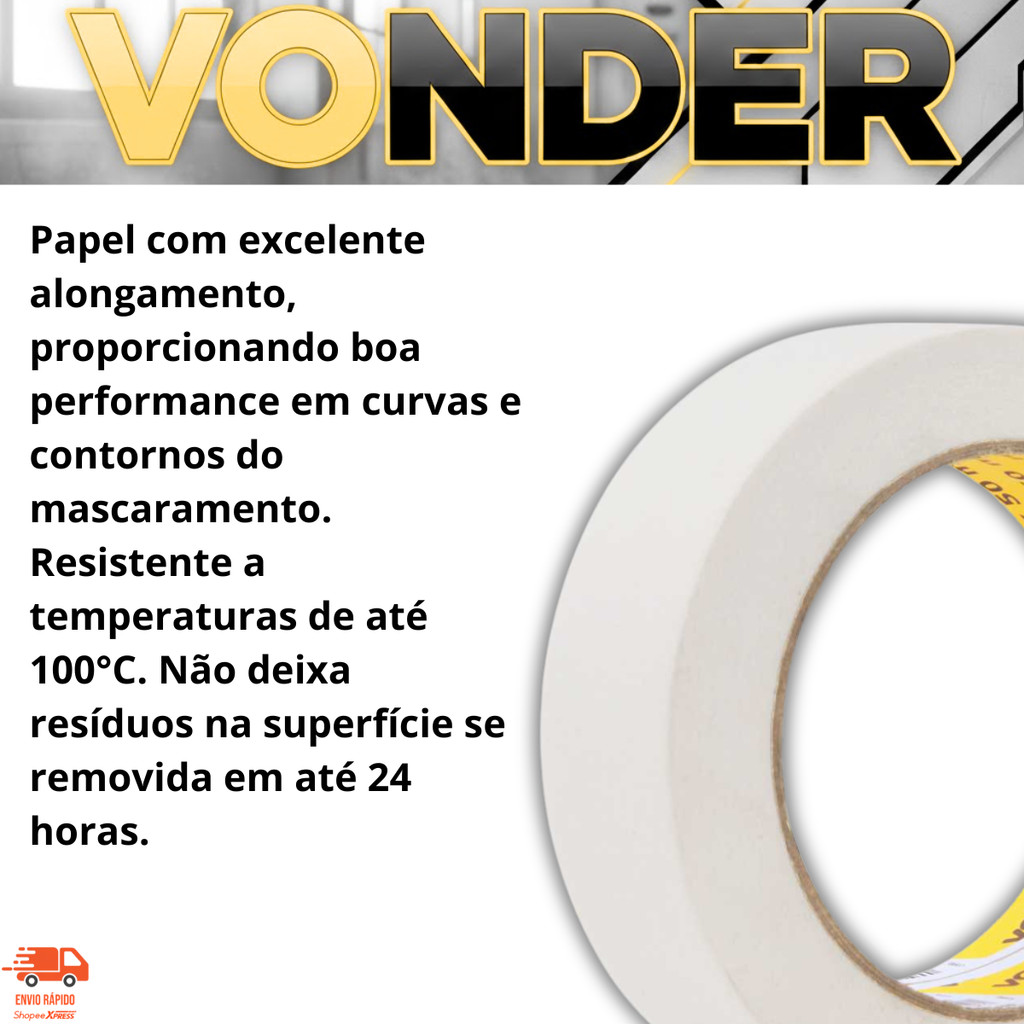 Fita Crepe 48 mm x 50 m VONDER Resistente Pintura Trabalhos Fixação Proteção Enfaixamento Artesanato · foto 2