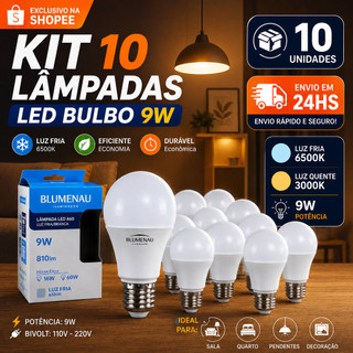 10 Lâmpadas Bivolt Led 9W Iluminação Bulbo A60 Pera Branco Frio 6500K Branco Quente 3000K Luz Amarela E27 Bolinha globo