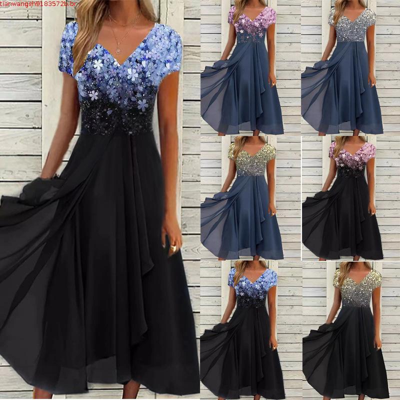 O-Neck Lace Half-Sleeved Ball Boêmia Sexy Verão Novo Estilo Vestido Feminino Urbano Casual Moda Chiffon Costurado