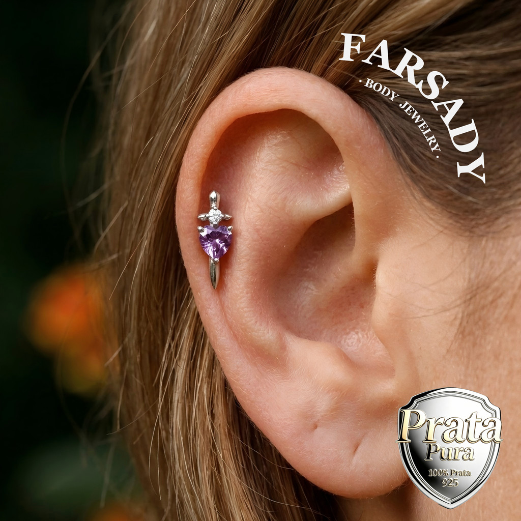Brinco De Cartilagem Sem Fio Tragus De Coração De Ametista Natural : Mini Hélice Concha Lóbulo Push In , Banhado A Prata