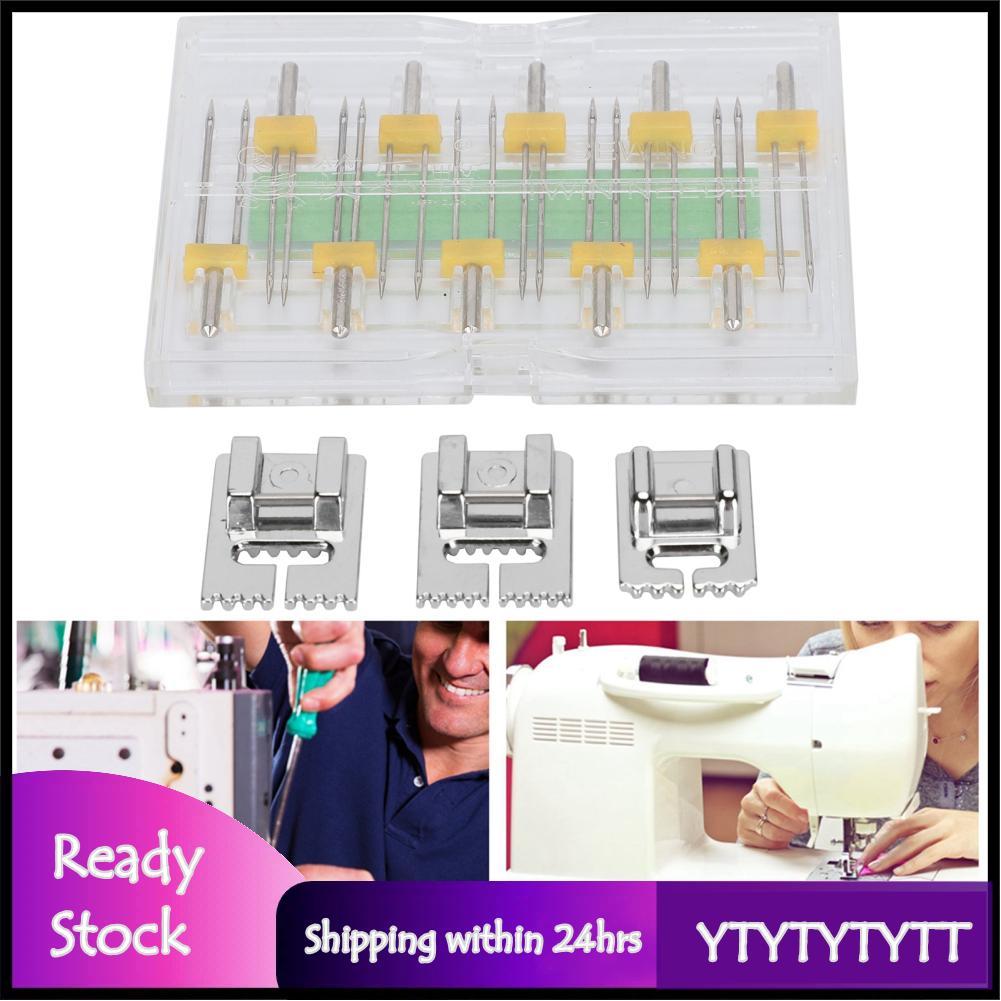 ytytytytt 10 agulhas duplas, pinos de agulha para máquina de costura dupla com 3 pinças, calcador, ferramentas