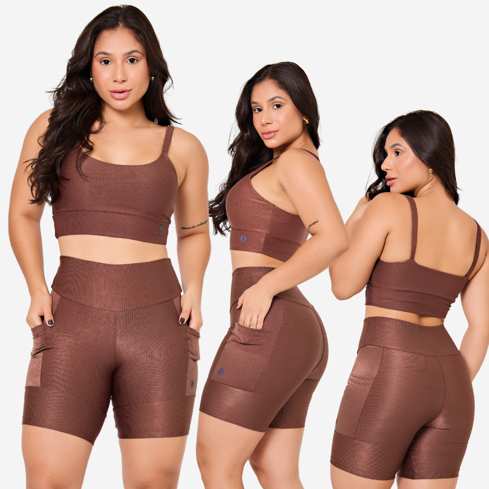 Conjunto Fitness Corrida Top e Bermuda Canelado Academia Feminino Adulto Kit Top e Bermuda