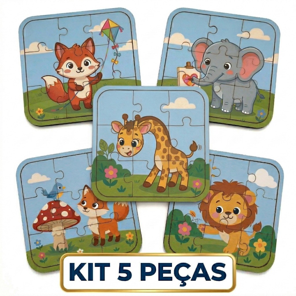 Kit 5 Quebra-Cabeça Infantil Educativo Madeira Mdf Animais Fofos Brinquedo Pedagógico Desenvolvimento