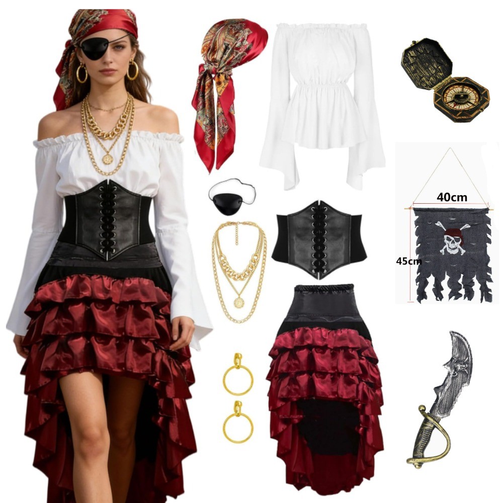 10 Pçs Renascentista Espartilho Pirata Traje Feminino Roupas Steampunk Saia Superior Acessórios Cinto Completo De Hallow
