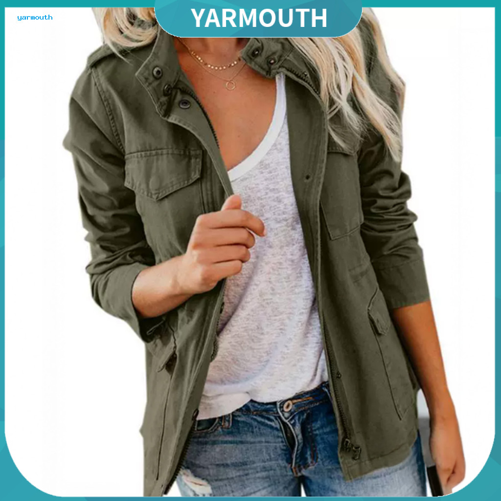 Women Long-sleeve Jacket Versatile Women’s Solid Color Long Sleeve Lapel – Boyfriend Style Coat with Multiple Pocket